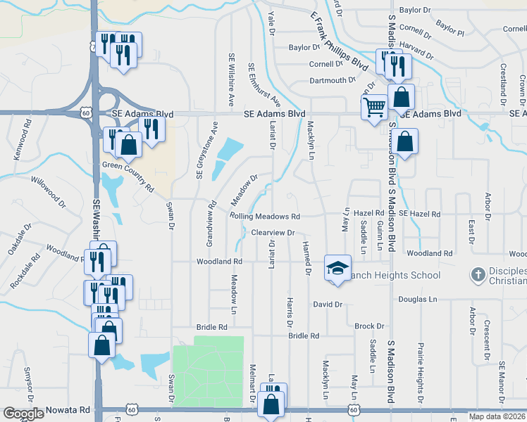 map of restaurants, bars, coffee shops, grocery stores, and more near 1125 Lariat Drive in Bartlesville