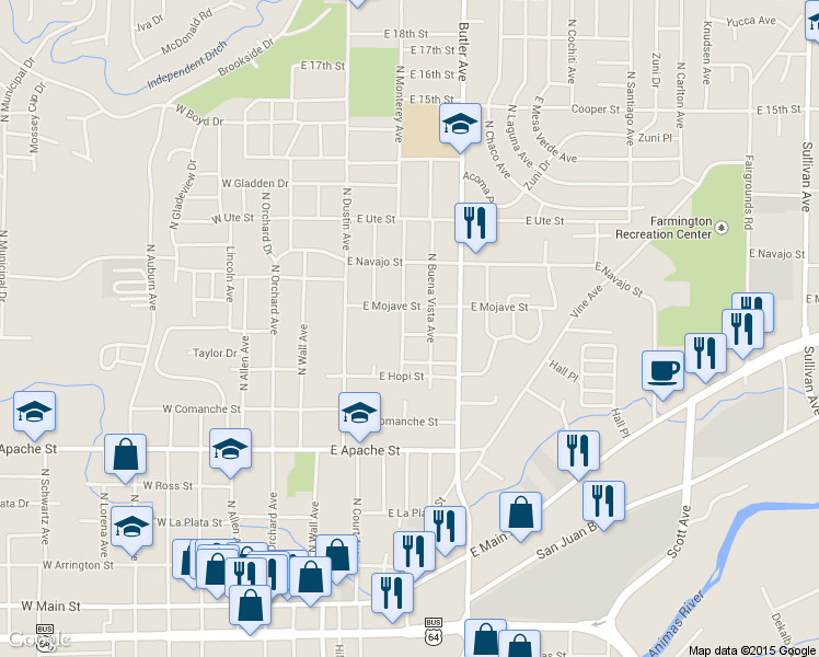 map of restaurants, bars, coffee shops, grocery stores, and more near 808 North Monterey Avenue in Farmington