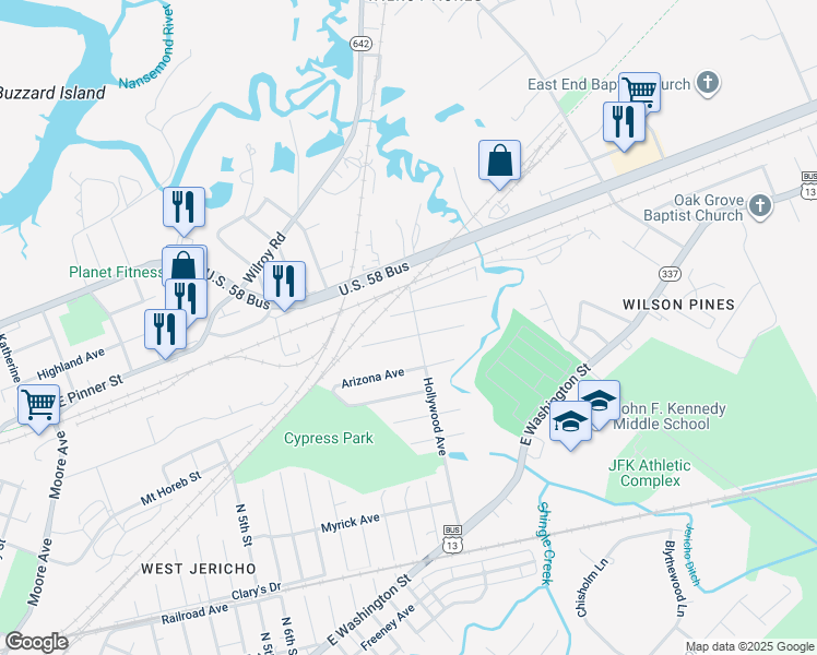 map of restaurants, bars, coffee shops, grocery stores, and more near 703 Hollywood Ave in Suffolk