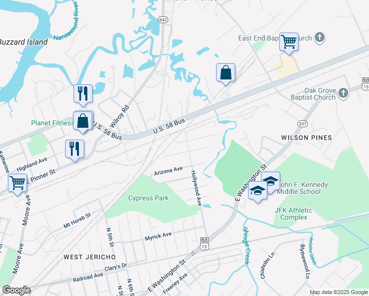 map of restaurants, bars, coffee shops, grocery stores, and more near 703 Hollywood Ave in Suffolk