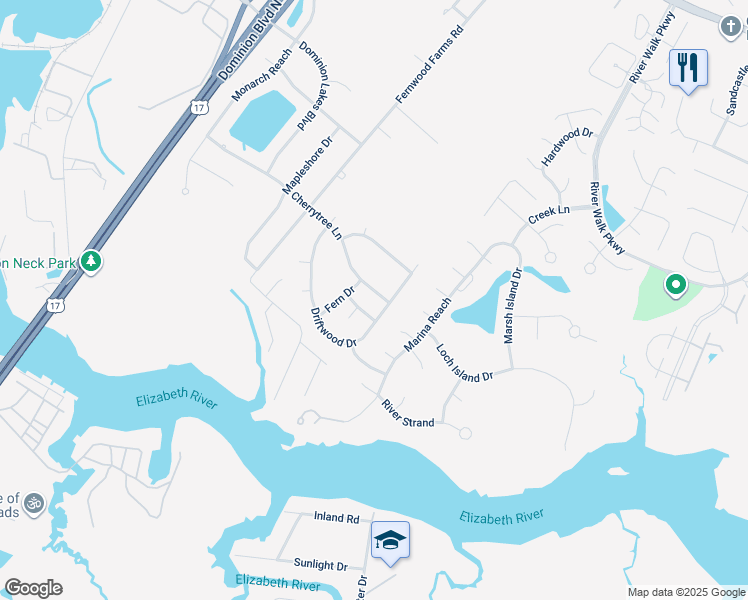 map of restaurants, bars, coffee shops, grocery stores, and more near 1004 Cherrytree Lane in Chesapeake