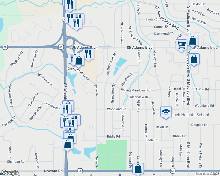 map of restaurants, bars, coffee shops, grocery stores, and more near 1058 Grandview Road in Bartlesville