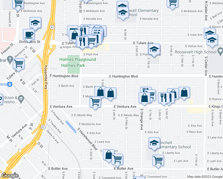 map of restaurants, bars, coffee shops, grocery stores, and more near 3362 East Balch Avenue in Fresno
