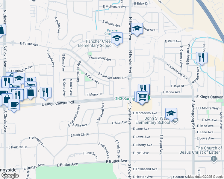 map of restaurants, bars, coffee shops, grocery stores, and more near 574 South Renn Avenue in Fresno