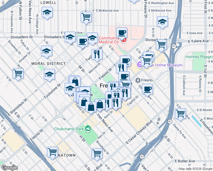 map of restaurants, bars, coffee shops, grocery stores, and more near in Fresno