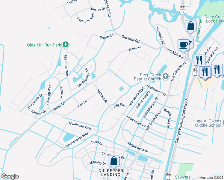 map of restaurants, bars, coffee shops, grocery stores, and more near 3400 Parr Lane in Chesapeake
