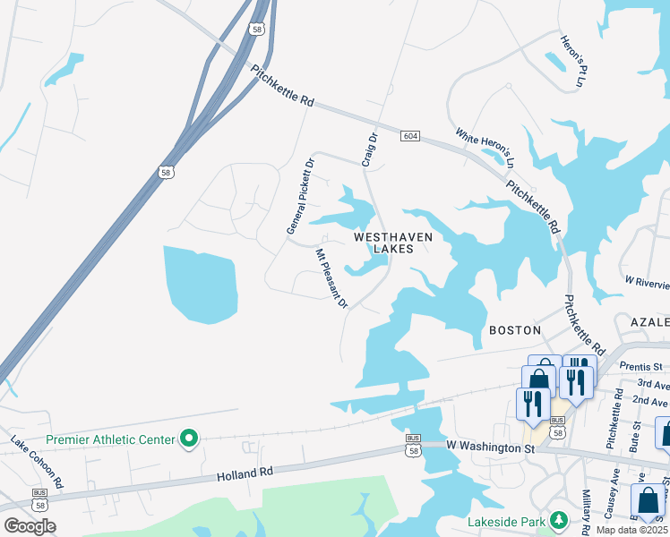 map of restaurants, bars, coffee shops, grocery stores, and more near 1209 Mount Pleasant Drive in Suffolk