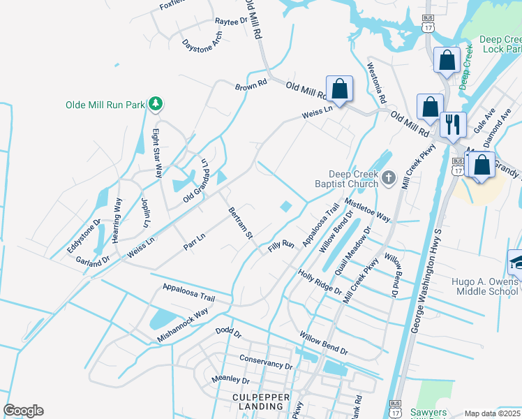 map of restaurants, bars, coffee shops, grocery stores, and more near 3400 Parr Lane in Chesapeake