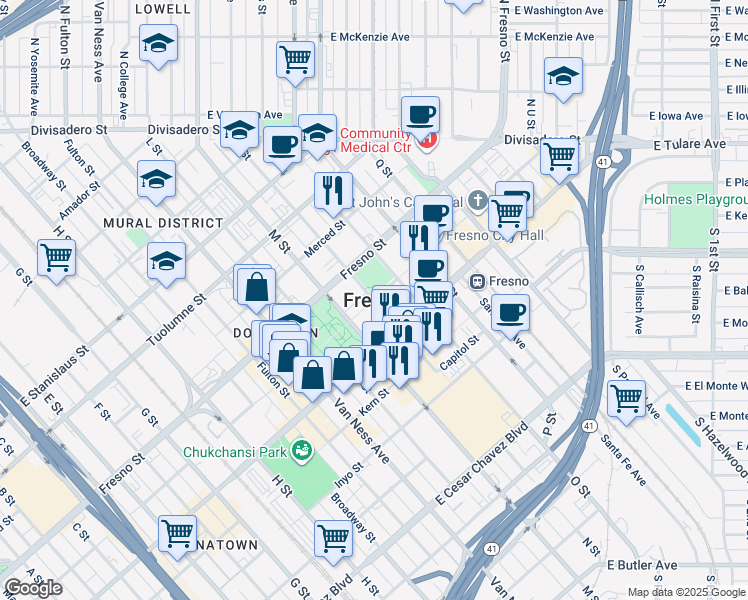 map of restaurants, bars, coffee shops, grocery stores, and more near 1842 East Buena Salud Way in Fresno