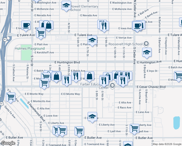 map of restaurants, bars, coffee shops, grocery stores, and more near 3748 East Balch Avenue in Fresno