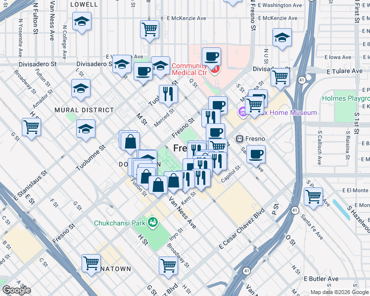 map of restaurants, bars, coffee shops, grocery stores, and more near in Fresno