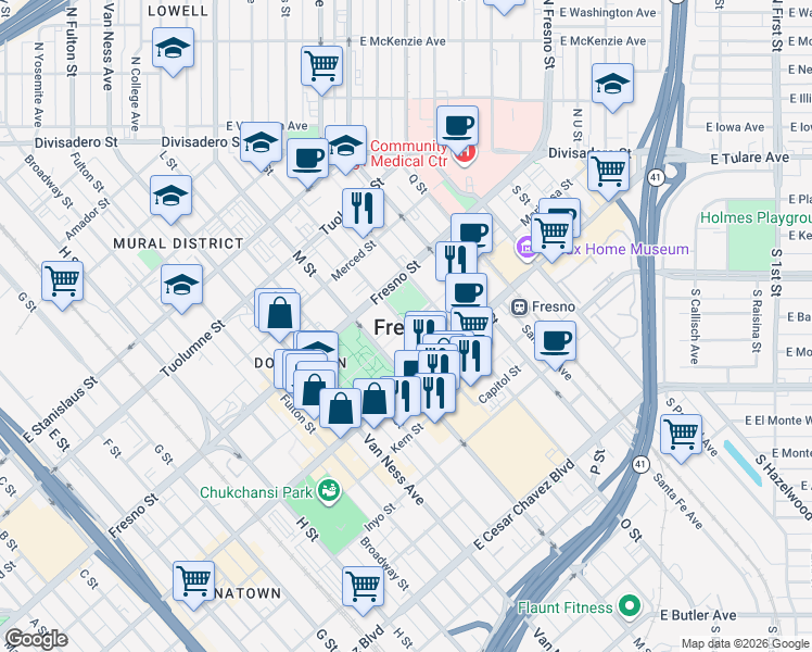 map of restaurants, bars, coffee shops, grocery stores, and more near 1100 N Street in Fresno