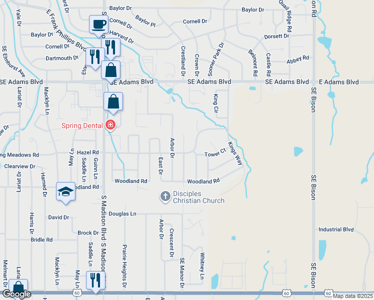 map of restaurants, bars, coffee shops, grocery stores, and more near 1130 Manor Drive in Bartlesville