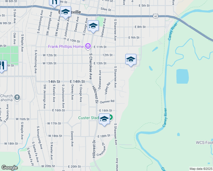 map of restaurants, bars, coffee shops, grocery stores, and more near 1431 Valley Road in Bartlesville