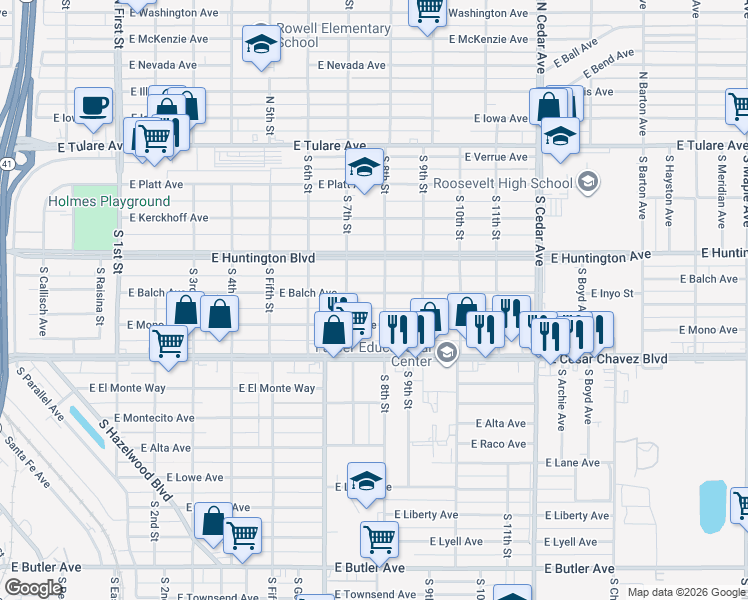 map of restaurants, bars, coffee shops, grocery stores, and more near 3748 East Balch Avenue in Fresno