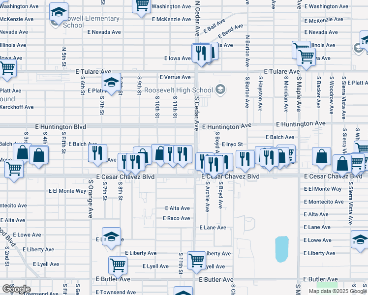 map of restaurants, bars, coffee shops, grocery stores, and more near 4124 East Balch Avenue in Fresno