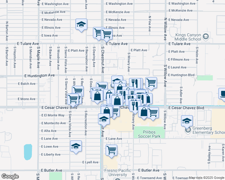 map of restaurants, bars, coffee shops, grocery stores, and more near 550 South Garden Avenue in Fresno
