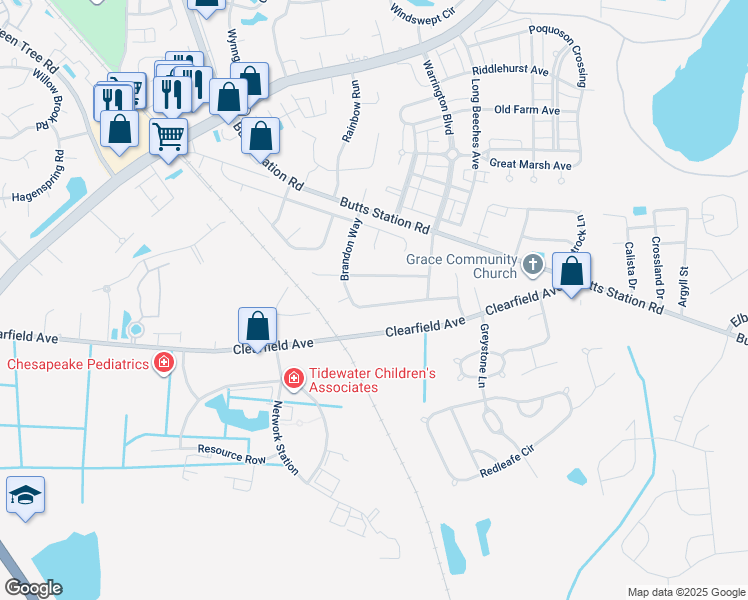 map of restaurants, bars, coffee shops, grocery stores, and more near 423 Brandon Way in Chesapeake