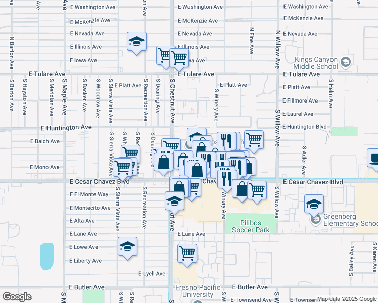 map of restaurants, bars, coffee shops, grocery stores, and more near 550 South Garden Avenue in Fresno