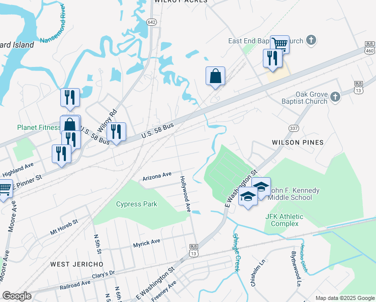 map of restaurants, bars, coffee shops, grocery stores, and more near 2201 Florida Avenue in Suffolk