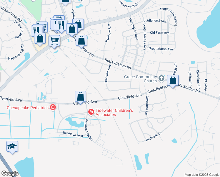 map of restaurants, bars, coffee shops, grocery stores, and more near 908 Pecan Point Court in Chesapeake