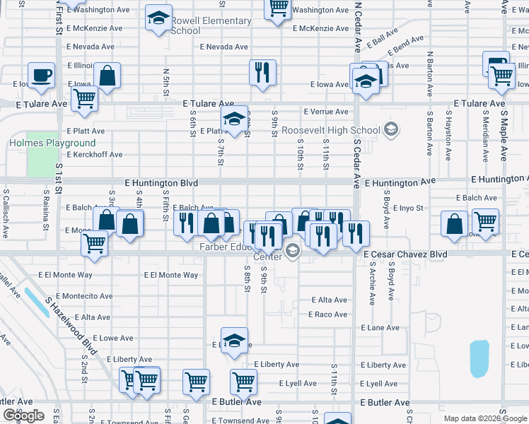 map of restaurants, bars, coffee shops, grocery stores, and more near 3844 East Balch Avenue in Fresno