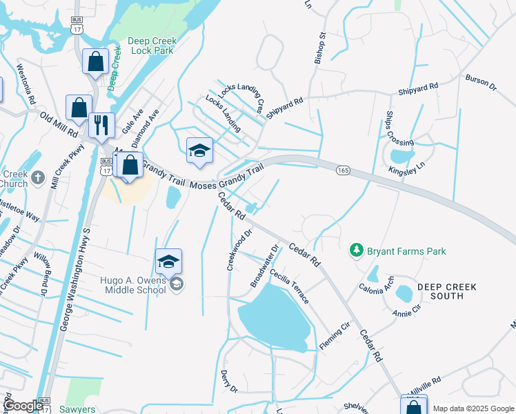 map of restaurants, bars, coffee shops, grocery stores, and more near 2813 Golden Court in Chesapeake