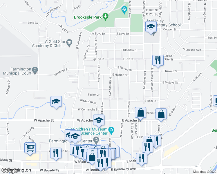 map of restaurants, bars, coffee shops, grocery stores, and more near 901 North Orchard Avenue in Farmington