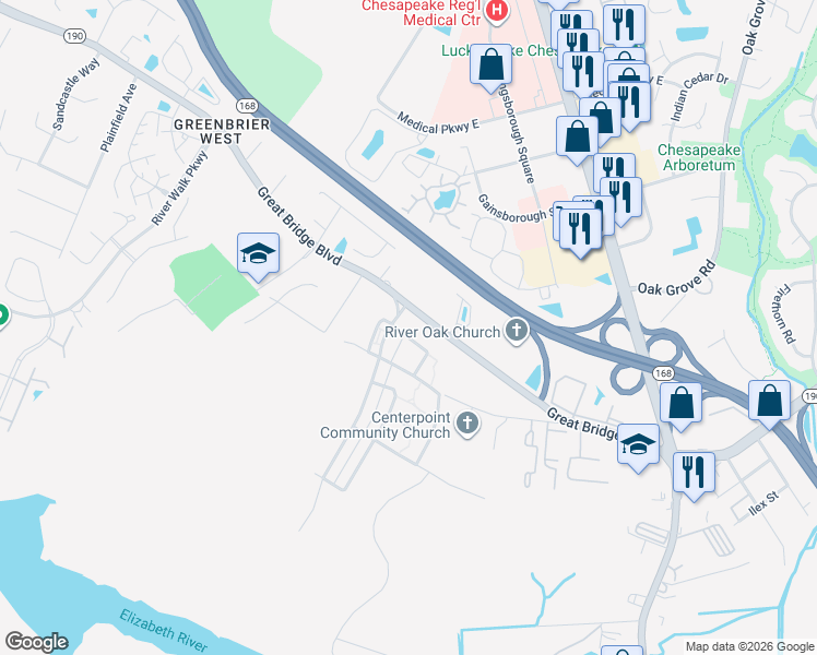 map of restaurants, bars, coffee shops, grocery stores, and more near 324 Croft Crossing in Chesapeake