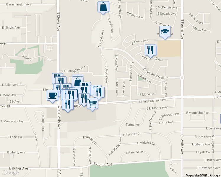 map of restaurants, bars, coffee shops, grocery stores, and more near 555 South Argyle Avenue in Fresno