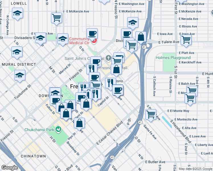 map of restaurants, bars, coffee shops, grocery stores, and more near 2650 Tulare Street in Fresno