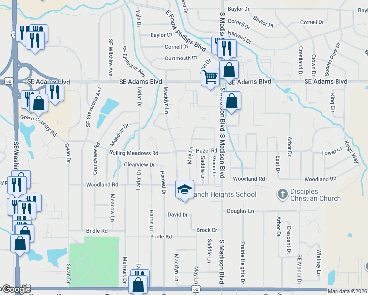 map of restaurants, bars, coffee shops, grocery stores, and more near 5006 Southeast Hazel Road in Bartlesville