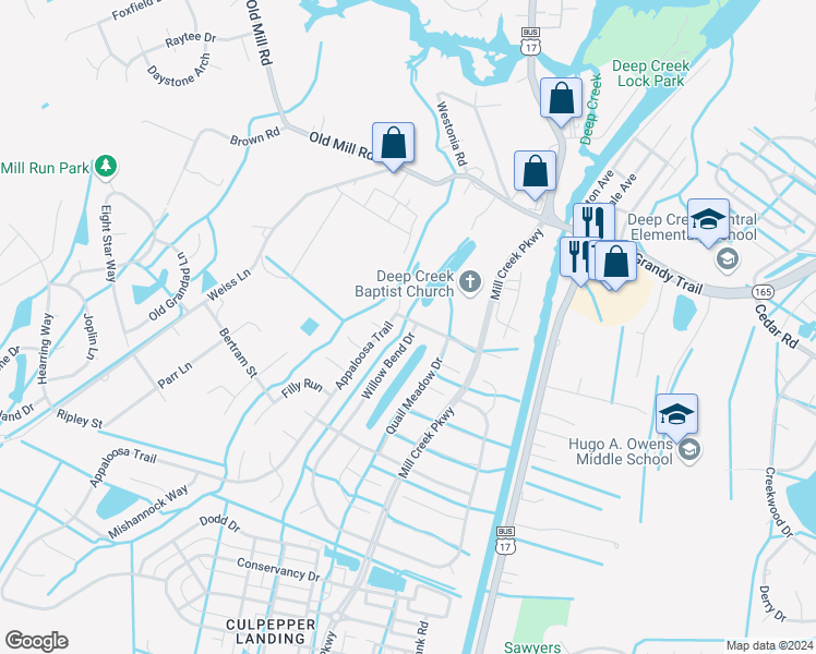 map of restaurants, bars, coffee shops, grocery stores, and more near 768 Willow Bend Drive in Chesapeake