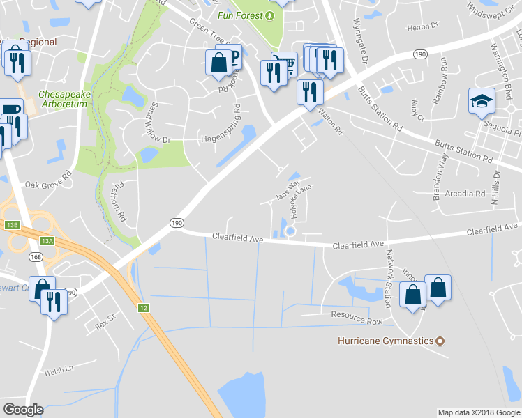 map of restaurants, bars, coffee shops, grocery stores, and more near 414 Ians Way in Chesapeake