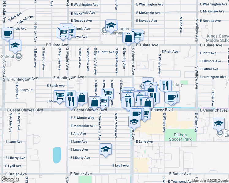 map of restaurants, bars, coffee shops, grocery stores, and more near 515 South Recreation Avenue in Fresno