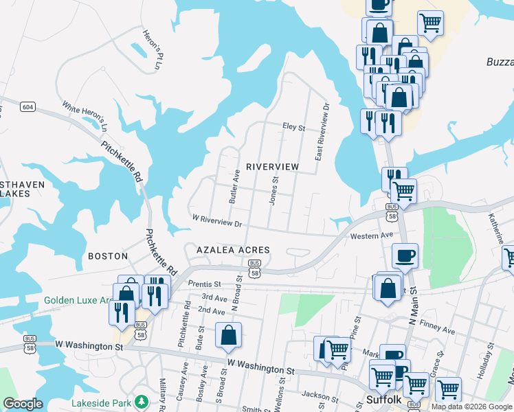map of restaurants, bars, coffee shops, grocery stores, and more near 512 North Broad Street in Suffolk