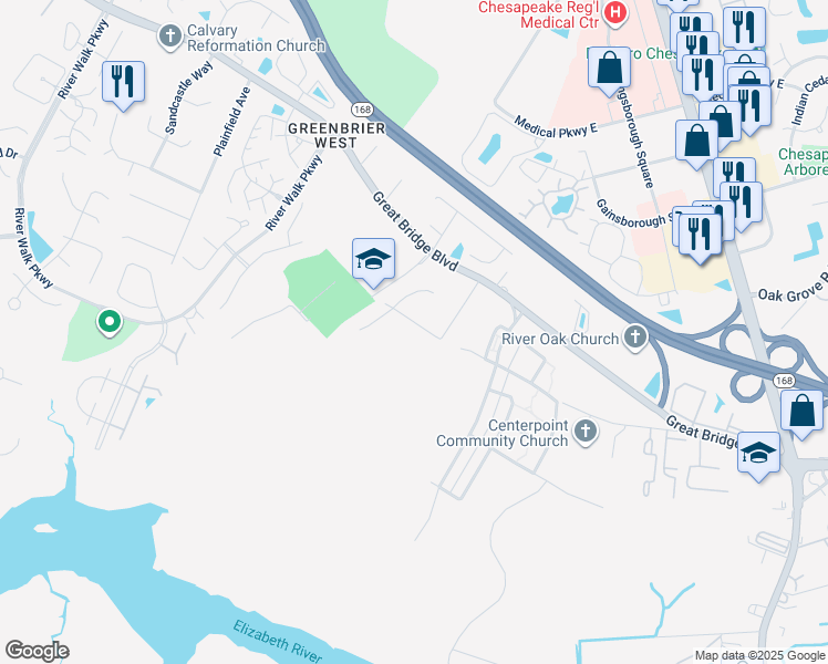 map of restaurants, bars, coffee shops, grocery stores, and more near 408 Susan Drive in Chesapeake