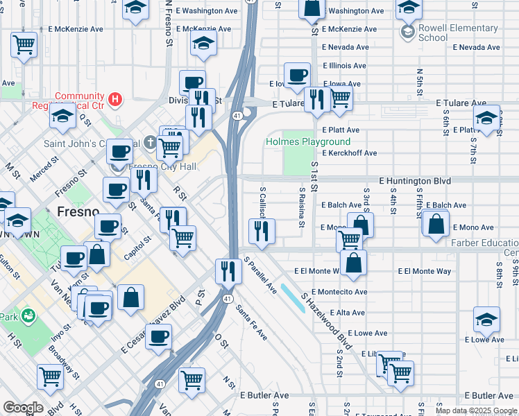 map of restaurants, bars, coffee shops, grocery stores, and more near 2914 East Balch Avenue in Fresno