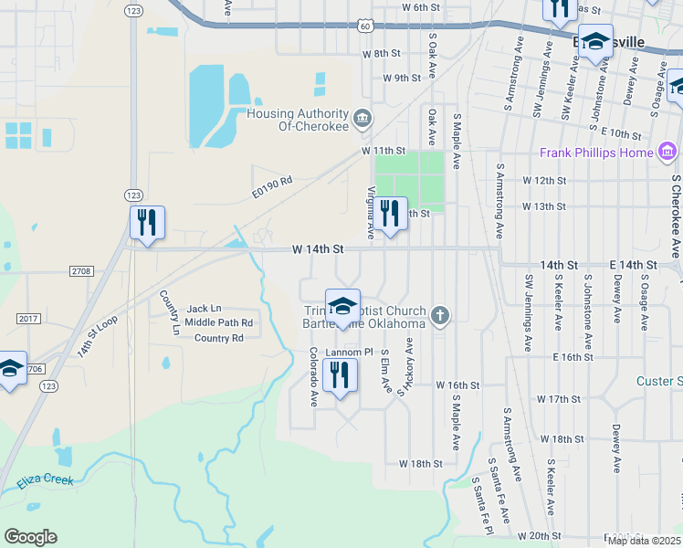 map of restaurants, bars, coffee shops, grocery stores, and more near 1420 South Rogers Avenue in Bartlesville