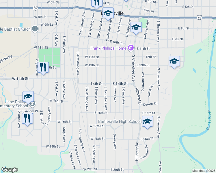 map of restaurants, bars, coffee shops, grocery stores, and more near 1406 South Johnstone Avenue in Bartlesville