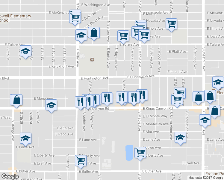 map of restaurants, bars, coffee shops, grocery stores, and more near 4511 E Inyo St in Fresno