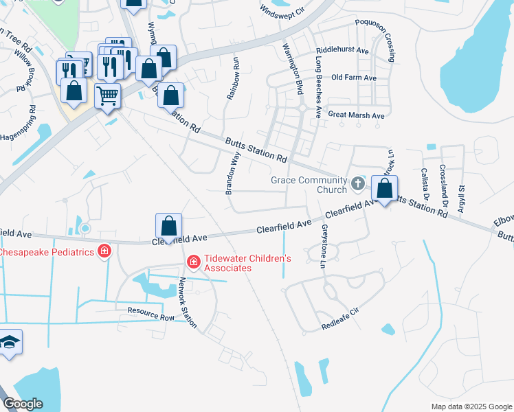 map of restaurants, bars, coffee shops, grocery stores, and more near 423 Brandon Way in Chesapeake