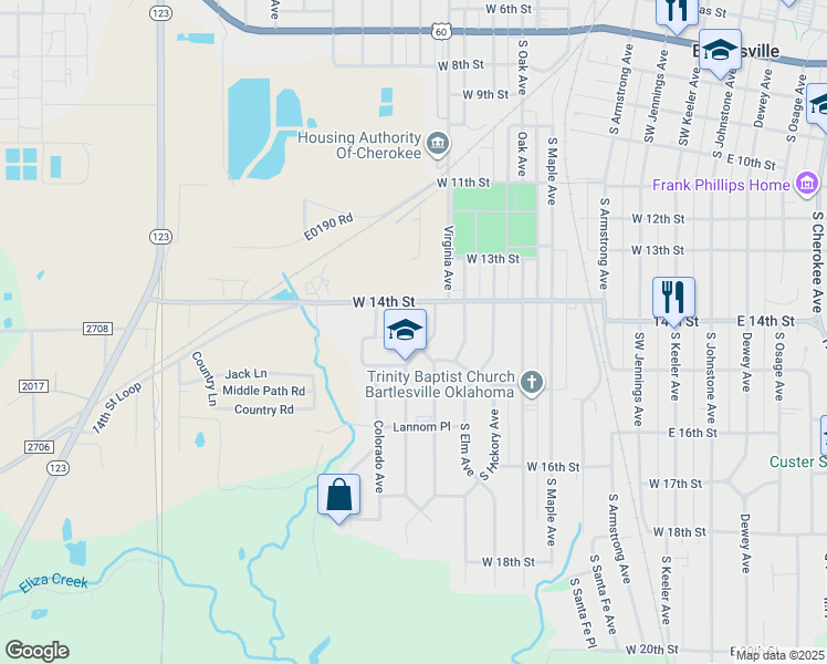 map of restaurants, bars, coffee shops, grocery stores, and more near 1420 South Rogers Avenue in Bartlesville
