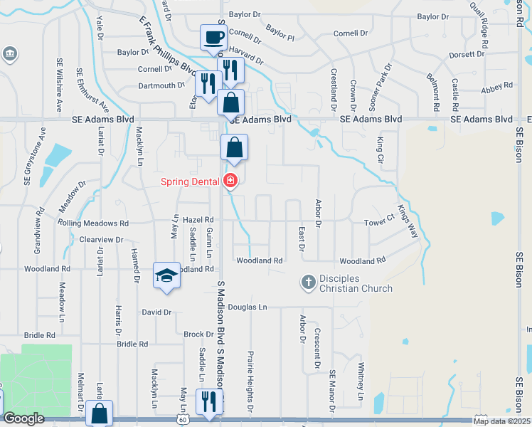 map of restaurants, bars, coffee shops, grocery stores, and more near 5 Hazel Road in Bartlesville