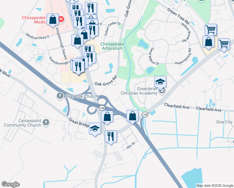 map of restaurants, bars, coffee shops, grocery stores, and more near 542 Stillwater Drive in Chesapeake