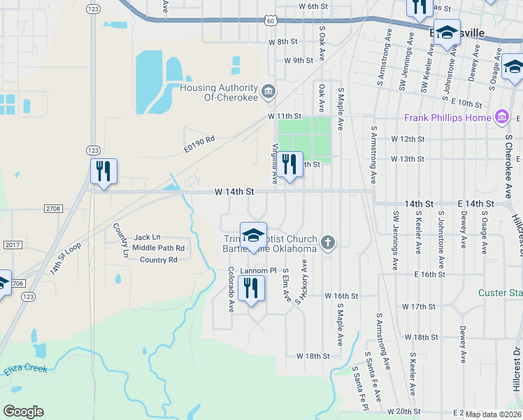 map of restaurants, bars, coffee shops, grocery stores, and more near 1420 South Rogers Avenue in Bartlesville