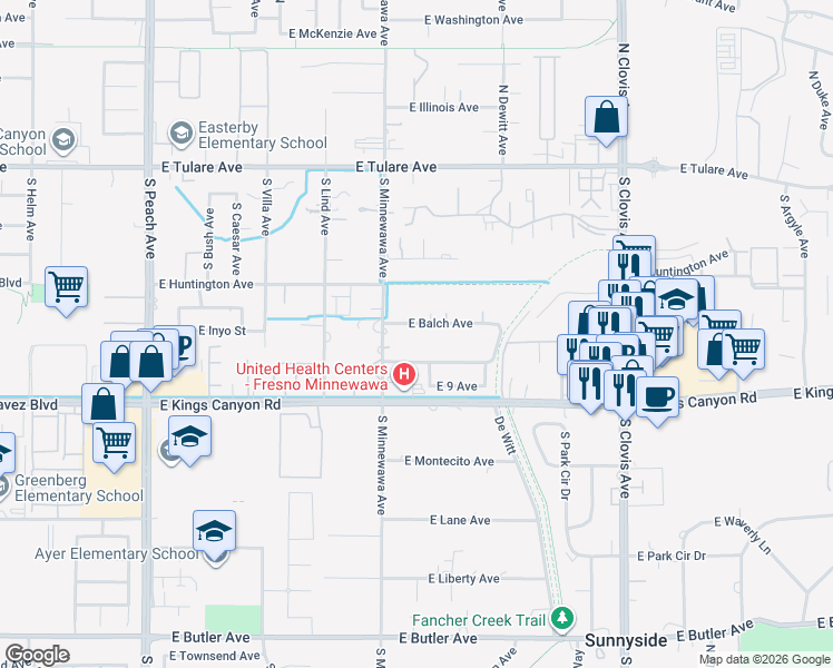 map of restaurants, bars, coffee shops, grocery stores, and more near 5436 East Balch Avenue in Fresno