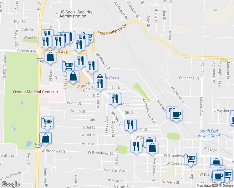 map of restaurants, bars, coffee shops, grocery stores, and more near 1061 7th Street in West Plains