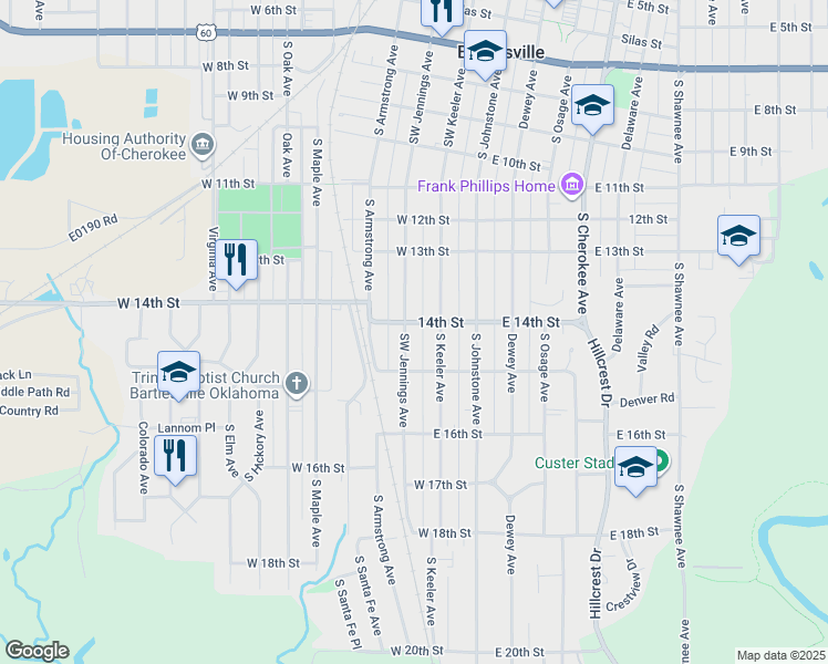 map of restaurants, bars, coffee shops, grocery stores, and more near 1404 Southwest Jennings Avenue in Bartlesville
