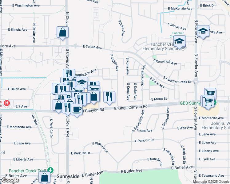 map of restaurants, bars, coffee shops, grocery stores, and more near 598 South Argyle Avenue in Fresno